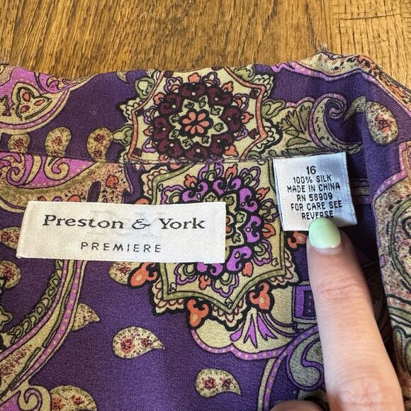 VINTAGE Preston & York 100% Silk Button Up Paisley Blouse and Trouser Set Sz 16 - Picture 3 of 11